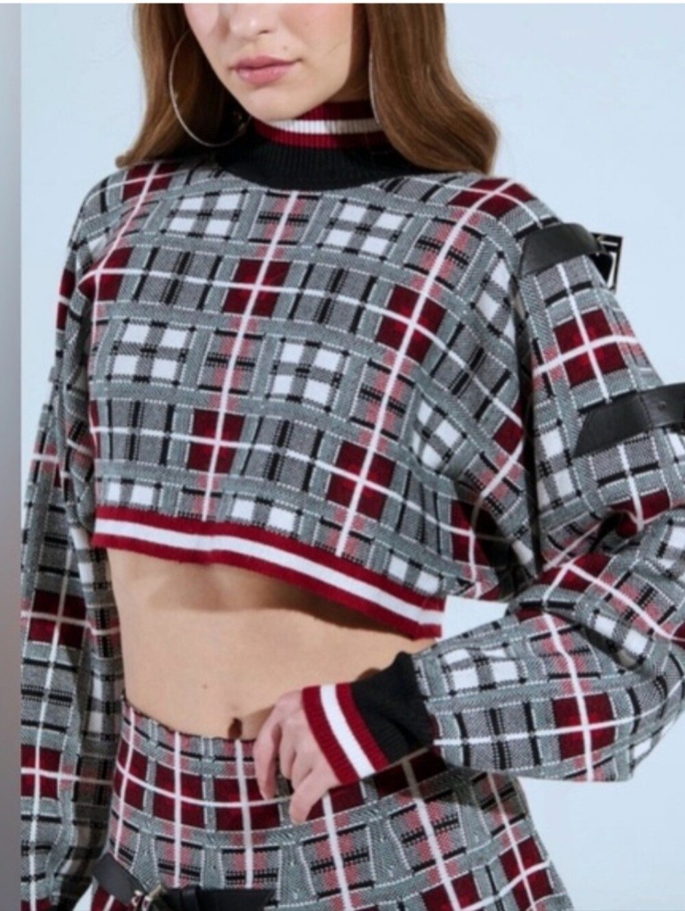 Akira Plaid Cropped Knit Sweater Top and Matching Red & Black Skirt
